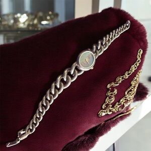 Vintage Anne Klein Cursive Logo Blue MOP Dial Silver Chain Band Watch